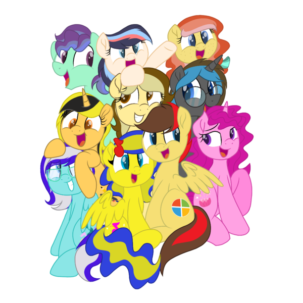 Size: 1080x1080 | Tagged: safe, artist:swivel starsong, artist:therealdavid09, derpibooru import, oc, oc:aspire bolt, oc:autumn bloom, oc:carol lily, oc:cobalt doodle, oc:jewel sparks, oc:marigold splat, oc:silver shine, oc:starry dreams, oc:swivel starsong, oc:teal bristles, unofficial characters only, earth pony, pegasus, pony, unicorn, derpibooru community collaboration, 2021 community collab, colt, female, glasses, group, male, mare, open mouth, simple background, transparent background