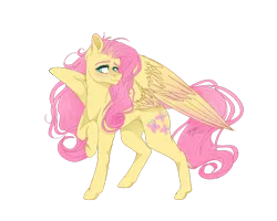 Size: 1280x1024 | Tagged: safe, artist:copshop, derpibooru import, part of a set, fluttershy, pegasus, pony, female, head turn, head turned, looking sideways, mare, raised hoof, simple background, smiling, solo, spread wings, standing, transparent background, two toned wings, wings