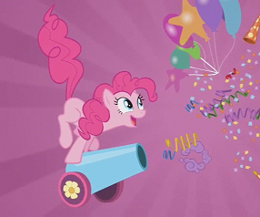 Size: 286x238 | Tagged: safe, derpibooru import, edit, edited screencap, screencap, pinkie pie, earth pony, pony, a canterlot wedding, balloon, confetti, juxtaposition bait, mirrored image, party cannon