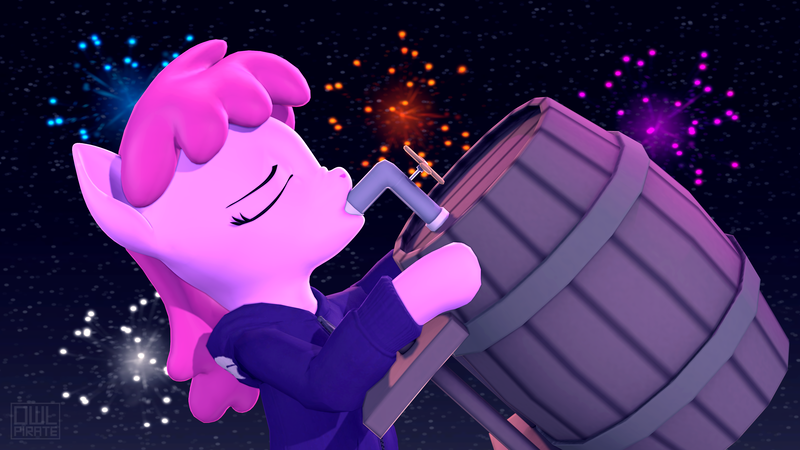 Size: 3840x2160 | Tagged: safe, artist:owlpirate, derpibooru import, berry punch, berryshine, earth pony, pony, 3d, alcohol, barrel, drinking, drunk, eyes closed, fireworks, go home you're drunk, happy new year, happy new year 2021, holiday, hoof hold, keg, sfm pony, solo, source filmmaker