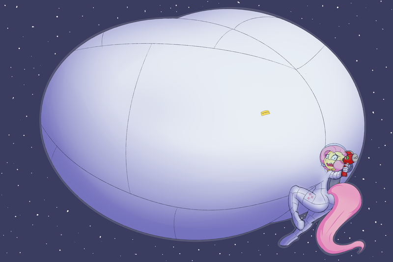 Size: 4500x3000 | Tagged: anthro, artist:funble, ass, big breasts, blaster, breasts, busty fluttershy, butt, derpibooru import, female, floating, flutterbutt, fluttershy, huge breasts, hyper, hyper breasts, impossibly large breasts, panicking, questionable, raygun, scared, solo, solo female, space, spacesuit, the sweet shy & stacked super star squad, unguligrade anthro, weapon, zero gravity