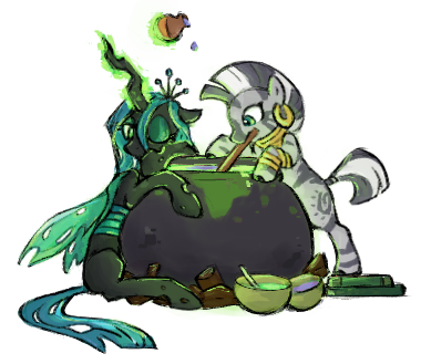Size: 380x329 | Tagged: safe, artist:fizpup, derpibooru import, queen chrysalis, zecora, changeling, changeling queen, pony, zebra, caught, cauldron, cute, cutealis, duo, ear piercing, earring, female, glowing horn, horn, jewelry, magic, mare, mouth hold, neck rings, piercing, potion making, quadrupedal, simple background, telekinesis, white background, zecorable