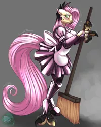 Size: 3000x3768 | Tagged: anthro, artist:kaitofletcher, blushing, breasts, broom, busty fluttershy, character to character, clothes, commission, derpibooru import, digital art, digitigrade anthro, dinosaur, dress, fluttershy, furry, furry oc, furry to pony, latex, latex dress, maid, male to female, mid-transformation, oc, oc:crass, pegasus, rule 63, simple background, solo, suggestive, tail, transformation, transgender transformation, unguligrade anthro, velociraptor