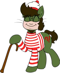 Size: 1860x2271 | Tagged: safe, artist:yakoshi, derpibooru import, oc, oc:green ganache, earth pony, pony, derpibooru community collaboration, 2021 community collab, cane, clothes, eyes closed, face mask, glasses, hat, looking at you, male, mask, shirt, simple background, solo, stallion, transparent background, waldo, where's waldo