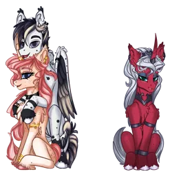 Size: 1572x1594 | Tagged: safe, artist:sugarypolecat, derpibooru import, oc, oc:scarlett serene silvermoon, oc:sketch blackwing, oc:sugar polecat, unofficial characters only, pegasus, pony, unicorn, derpibooru community collaboration, 2021 community collab, black feathers, chest fluff, couple, ear fluff, ear piercing, earring, female, hoof fluff, horn, horn ring, jewelry, looking at you, male, mare, piercing, red body, ring, simple background, smiling, stallion, transparent background, white body