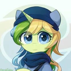 Size: 900x900 | Tagged: safe, artist:emeraldgalaxy, derpibooru import, oc, oc:emerald galaxy, unofficial characters only, pony, unicorn, abstract background, bust, clothes, eye clipping through hair, female, hat, looking at you, mare, portrait, scarf, shirt, smiling, solo