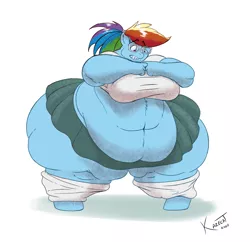 Size: 1280x1239 | Tagged: alternate hairstyle, anthro, artist:kazecat, belly, belly button, big belly, big breasts, braces, breasts, busty rainbow dash, butt, clothes, derpibooru import, fat, glasses, huge belly, huge butt, impossibly large belly, impossibly large butt, large butt, leg warmers, morbidly obese, nerd, obese, pegasus, ponytail, rainblob dash, rainbow dash, rainbow dork, rolls of fat, skirt, solo, suggestive, thighs, thunder thighs, unguligrade anthro, wide hips