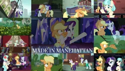 Size: 1968x1108 | Tagged: safe, derpibooru import, edit, edited screencap, editor:quoterific, screencap, applejack, blueberry curls, blue peeler, bubblegum blossom, charlie horse, coco pommel, late show, on stage, pearly stitch, rarity, raspberry beret, waxton, made in manehattan, bronclyn, coco's apartment, manehattan, stage, twilight's castle