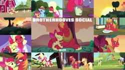 Size: 1984x1117 | Tagged: safe, derpibooru import, edit, edited screencap, editor:quoterific, screencap, apple bloom, applejack, big macintosh, cherry cola, cherry fizzy, comet tail, rainbow dash, scootaloo, brotherhooves social, apple, apple tree, cartoon physics, crossdressing, food, jump rope, orchard blossom, tree