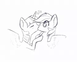 Size: 1023x832 | Tagged: safe, artist:celysus, derpibooru import, rainbow dash, twilight sparkle, twilight sparkle (alicorn), alicorn, pegasus, pony, black and white, blushing, female, grayscale, heart eyes, kissing, lesbian, monochrome, shipping, simple background, sketch, twidash, white background, wingding eyes