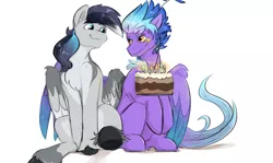 Size: 2170x1296 | Tagged: safe, artist:testostepone, derpibooru import, oc, oc:empyrea, oc:frozen sky, unofficial characters only, pegasus, pony, birthday, birthday cake, cake, female, food, mare, pegasus oc, simple background, white background, wings