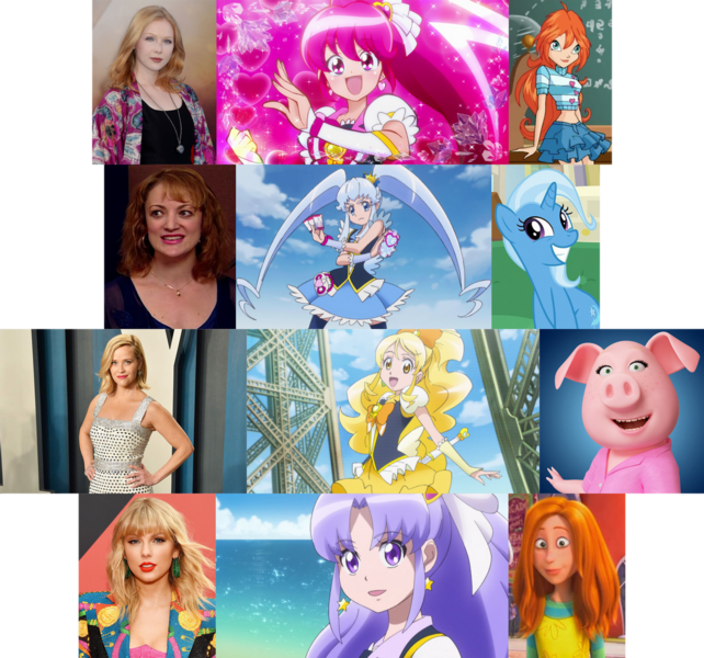 Size: 1280x1197 | Tagged: safe, artist:dominickdr98, derpibooru import, trixie, audrey, bloom (winx club), cara goodwyn, cure fortune, cure honey, cure lovely, cure princess, fiona destien, happiness charge precure, image, kathleen barr, png, pretty cure, rianne burgess, rosita, sing (movie), sydney lovecraft, taylor swift, the lorax, voice actor, winx club