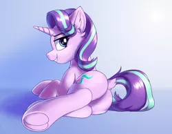 Size: 3600x2800 | Tagged: safe, artist:ravistdash, derpibooru import, starlight glimmer, pony, unicorn, butt, cutie mark, dock, ear fluff, frog (hoof), glimmer glutes, high res, looking at you, looking back, looking back at you, lying, plot, simple background, smiling, smirk, solo, underhoof