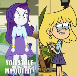 Size: 1481x1450 | Tagged: safe, derpibooru import, edit, edited screencap, screencap, rarity, human, dance magic, equestria girls, spoiler:eqg specials, angry, caption, cropped, crossover, female, image macro, impact font, lori loud, meme, similarities, text, the loud house