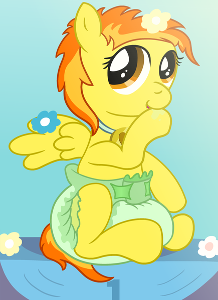 Size: 1594x2200 | Tagged: questionable, artist:sweetielover, derpibooru import, spitfire, pegasus, pony, cute, cutefire, diaper, diaper fetish, female, fetish, filly, filly spitfire, flower, flower in hair, foalcon, hoof sucking, image, png, podium, poofy diaper, solo, underage, younger