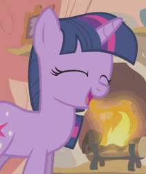 Size: 456x540 | Tagged: safe, derpibooru import, screencap, twilight sparkle, pony, unicorn, winter wrap up, animated, cropped, cute, eyes closed, female, fire, fireplace, gif, giggling, golden oaks library, laughing, library, mare, open mouth, solo, twiabetes, unicorn twilight