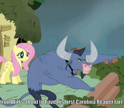 Size: 476x416 | Tagged: safe, derpibooru import, edit, edited screencap, screencap, fluttershy, iron will, minotaur, pegasus, pony, putting your hoof down, animated, chili, cropped, food, hot pepper, implied farting, loop, pepper