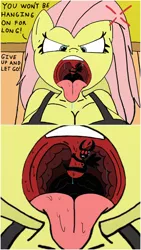 Size: 1152x2048 | Tagged: suggestive, artist:tenebrousmelancholy, derpibooru import, fluttershy, anthro, 2 panel comic, breasts, busty fluttershy, cleavage, comic, cross-popping veins, dialogue, drool, esophagus, fluttergoth, flutterpred, gullet, mawshot, open mouth, oral invitation, saliva puddle, salivating, slimy, sweat, sweatdrops, taste buds, tongue out, unwilling prey, uvula, vore