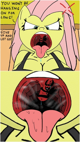 Size: 1152x2048 | Tagged: suggestive, alternate version, artist:tenebrousmelancholy, derpibooru import, fluttershy, oc, anthro, 2 panel comic, breasts, breath, busty fluttershy, cleavage, comic, cross-popping veins, dialogue, drool, drool string, endosoma, esophagus, fluttergoth, flutterpred, gullet, mawshot, non-fatal vore, open mouth, oral invitation, saliva puddle, salivating, slimy, sweat, sweatdrops, taste buds, tongue out, unwilling prey, uvula, vore, warm