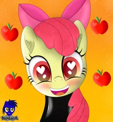 Size: 3840x4154 | Tagged: safe, artist:damlanil, derpibooru import, apple bloom, earth pony, pony, adorabloom, apple, apple bloom's bow, blushing, bow, catsuit, clothes, cute, female, filly, food, hair bow, happy, heart, heart eyes, latex, latex suit, looking at you, mare, open mouth, rubber, shine, shiny, simple background, smiling, spy, suit, vector, weapons-grade cute, wingding eyes