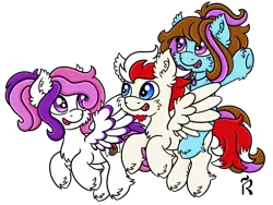 Size: 2000x1500 | Tagged: safe, artist:dawn-designs-art, derpibooru import, oc, oc:amethyst, oc:dawn, oc:lucky knight, unofficial characters only, earth pony, pegasus, pony, derpibooru community collaboration, 2021 community collab, digital art, female, flying, friendship, male, mare, simple background, stallion, transparent background, trio