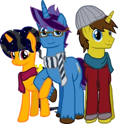 Size: 1200x1260 | Tagged: safe, artist:crisostomo-ibarra, derpibooru import, oc, oc:cyber gamer, oc:midnight shadows, oc:paint sketch, unofficial characters only, alicorn, pony, unicorn, alicorn oc, clothes, female, glasses, horn, jacket, male, mare, scarf, simple background, smiling, stallion, transparent background, trio, wings
