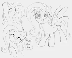 Size: 945x765 | Tagged: safe, artist:dotkwa, derpibooru import, fluttershy, pegasus, pony, bust, dialogue, eyes closed, female, happy, happy new year, holiday, looking at you, mare, monochrome, open mouth, raised hoof, sketch, smiling, solo, speech bubble, spread wings, standing, wings