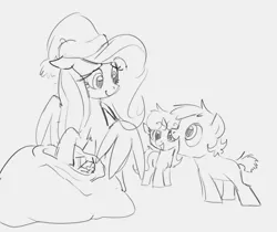 Size: 874x733 | Tagged: safe, artist:dotkwa, derpibooru import, fluttershy, earth pony, pegasus, pony, unicorn, christmas, colt, female, filly, hat, holiday, looking at each other, looking at someone, male, mare, monochrome, open mouth, present, santa hat, santa sack, sketch, smiling, wings