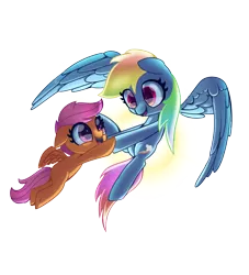 Size: 3000x3300 | Tagged: safe, artist:melanyschaffer, derpibooru import, rainbow dash, scootaloo, pegasus, pony, backwards cutie mark, cute, cutealoo, female, filly, flying, looking at each other, mare, open mouth, scootaloo can fly, scootalove, simple background, smiling, spread wings, sun, transparent background, wings