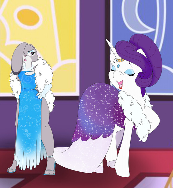 Size: 1185x1280 | Tagged: safe, artist:aurorastar1, artist:matty4z, derpibooru import, rarity, pony, rabbit, unicorn, animal, background used, clothes, crossover, dress, duo, duo female, eyes closed, eyeshadow, feather boa, female, floppy ears, gala dress, gloves, grand galloping gala, hand on hip, high heels, hoof on chest, horn, horn jewelry, horn ring, jewelry, judy hopps, lipstick, makeup, necklace, open mouth, pearl necklace, requested art, ring, shoes, smiling, unamused, zootopia