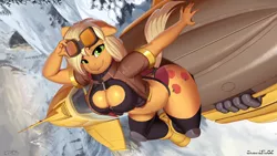 Size: 1920x1080 | Tagged: suggestive, artist:discordthege, derpibooru import, applejack, anthro, earth pony, unguligrade anthro, applebutt, ass, big breasts, boob window, breasts, busty applejack, butt, clothes, goggles, hoverbike, large butt, looking at you, thighs, thunder thighs, tongue out