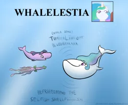 Size: 627x513 | Tagged: animal, artist:banebuster, blue whale, derpibooru import, fish, princess celestia, safe, screencap reference, series:tiny tia, species swap, sperm whale, spike, squid, twilight sparkle, wat, whale, whalelestia