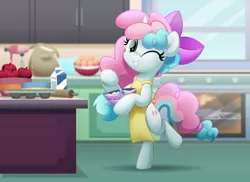 Size: 6850x5000 | Tagged: safe, artist:jhayarr23, derpibooru import, oc, oc:sugar drizzle, unofficial characters only, pony, unicorn, apple, apron, baking, bipedal, bow, bowl, clothes, commission, cute, female, food, freckles, hair bow, mare, milk, ocbetes, one eye closed, rolling pin, solo, wink