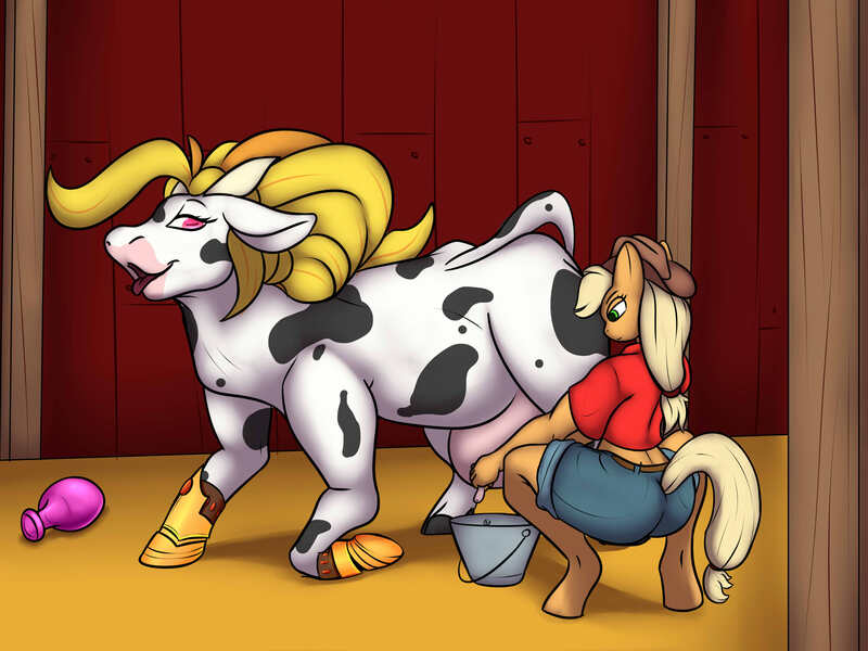 Size: 2800x2100 | Tagged: questionable, alternate version, artist:pocketwatchstudios, derpibooru import, applejack, oc, oc:storm shield, anthro, cow, unguligrade anthro, applebutt, barn, bottle, bucket, butt, cowified, hoof shoes, milking, open mouth, species swap, tongue out, transformation, udder, welcum to pornyville