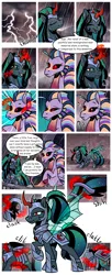 Size: 1500x3687 | Tagged: safe, artist:nancy-05, author:bigonionbean, derpibooru import, oc, oc:empress sacer malum, oc:melicus ostium, changeling, changeling queen, hybrid, pony, siren, unicorn, comic:fusing the fusions, comic:time of the fusions, absorption, armor, balcony, barrier, battle armor, black sclera, comforting, comic, commissioner:bigonionbean, confused, curved horn, dark magic, female, fusion, fusion:empress sacer malum, fusion:melicus ostium, headache, helmet, horn, jewelry, lightning, magic, not an alicorn, possessed, possession, pouring, rain, regalia, scroll, shaking, soaked, sombra eyes, storm, tartarus, weather, wet, wet mane