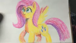 Size: 3412x1920 | Tagged: safe, artist:slamjam, derpibooru import, fluttershy, pegasus, pony, female, looking up, mare, pastel, raised hoof, solo, spread wings, standing, three quarter view, traditional art, wings