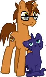 Size: 510x847 | Tagged: safe, artist:saby, derpibooru import, princess luna, oc, oc:knowledge mixing, cat, pony, unicorn, derpibooru community collaboration, .svg available, 2021 community collab, catified, duo, female, glasses, looking up, male, princess mewna, race swap, simple background, sitting, smiling, species swap, stallion, svg, transparent background, vector