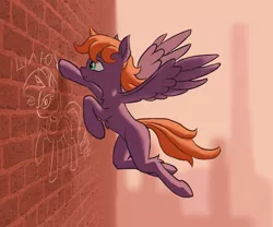 Size: 1200x1000 | Tagged: safe, artist:rosik, derpibooru import, rarity, oc, oc:fegasus, pegasus, pony, blurred background, brick wall, chalk, chalk drawing, chest fluff, cyrillic, factory, flying, graffiti, looking at something, male, pegasus oc, profile, russian, solo, spread wings, traditional art, vulgar, wings