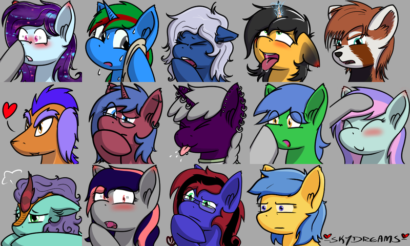 Size: 1280x768 | Tagged: safe, artist:skydreams, derpibooru import, oc, oc:aile egro, oc:blissy, oc:cade quantum, oc:dioxin, oc:galaxy rose, oc:lady foxtrot, oc:lucky break, oc:nebula dusk, oc:scaramouche, oc:searing cold, oc:skitzy, oc:sparky showers, oc:staticspark, oc:wander bliss, alicorn, bat pony, bat pony alicorn, changeling, dragon, kirin, pegasus, pony, red panda, unicorn, ahegao, angry, bat wings, blushing, boop, cross-eyed, dead stare, disguise, disguised changeling, emoji, emotes, female, flop, glare, heart, hmm, horn, love, male, mare, nervous, open mouth, patreon, patreon reward, pbbtt, pet, petting, shocked, sleepy, stallion, sweat, sweatdrop, thinking, tongue out, wings, yawn