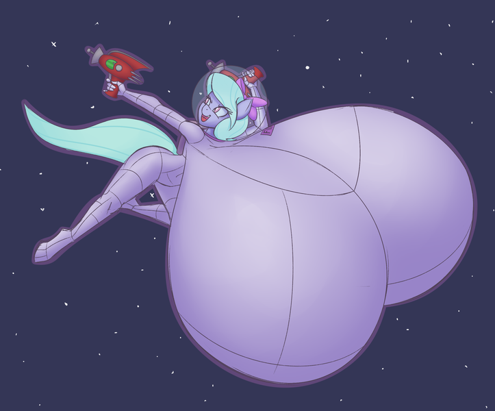 Size: 2684x2228 | Tagged: action pose, anthro, artist:funble, big breasts, blaster, breasts, busty flitter, derpibooru import, dual wield, flitter, floating, huge breasts, hyper, hyper breasts, impossibly large breasts, questionable, raygun, solo, space, spacesuit, the sweet shy & stacked super star squad, zero gravity