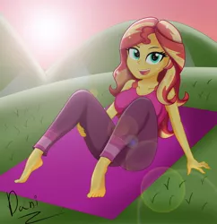 Size: 1982x2048 | Tagged: safe, artist:danielitamlp, derpibooru import, sunset shimmer, equestria girls, equestria girls series, wake up!, spoiler:eqg series (season 2), barefoot, breasts, clothes, feet, female, grass, grin, looking at you, open mouth, pants, sitting, smiling, solo, sun, tanktop, wake up!: rainbow dash, yoga, yoga mat, yoga pants
