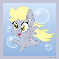 Size: 4000x4000 | Tagged: safe, artist:djdavid98 edits, artist:litrojia, derpibooru import, derpy hooves, pegasus, pony, absurd resolution, bubble, chibi, cute, derpabetes, ear fluff, female, flying, open mouth, smiling, solo, spread wings, vector, wings