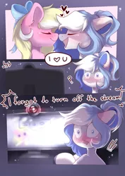 Size: 2893x4092 | Tagged: safe, artist:kebchach, derpibooru import, oc, oc:bay breeze, oc:lynxie, unofficial characters only, earth pony, pegasus, pony, blushing, comic, cute, dialogue, duo, embarrassed, female, lesbian, livestream, oc x oc, open mouth, shipping, speech bubble, webcam