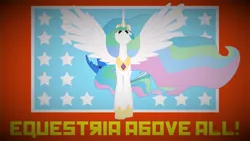 Size: 1280x720 | Tagged: caption, derpibooru import, equestrian flag, flag, intimidating, looking at you, motto, princess celestia, red background, safe, simple background, spread wings, text, wings