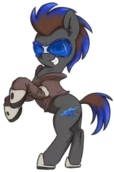 Size: 830x1260 | Tagged: safe, artist:t72b, derpibooru import, oc, oc:blue flare, earth pony, pony, boots, clothes, coat, ear piercing, earring, grin, jewelry, male, piercing, rearing, shoes, simple background, smiling, solo, stallion, sunglasses, transparent background