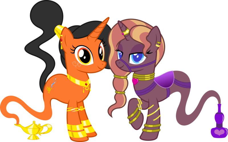 Size: 6428x4000 | Tagged: safe, artist:parclytaxel, derpibooru import, oc, oc:amani, oc:zirithustra, unofficial characters only, genie, genie pony, pony, unicorn, derpibooru community collaboration, .svg available, 2021 community collab, absurd resolution, bottle, bracelet, bridle, collar, ear piercing, earring, female, horn, horn ring, jewelry, lamp, lidded eyes, looking at you, magic lamp, mare, neck rings, piercing, ponytail, raised hoof, ring, saddle, simple background, smiling, tack, transparent background, vector, wrist cuffs