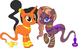 Size: 6428x4000 | Tagged: safe, artist:parclytaxel, derpibooru import, oc, oc:amani, oc:zirithustra, unofficial characters only, genie, genie pony, pony, unicorn, derpibooru community collaboration, .svg available, 2021 community collab, absurd resolution, bottle, bracelet, bridle, collar, ear piercing, earring, female, horn, horn ring, jewelry, lamp, lidded eyes, looking at you, magic lamp, mare, neck rings, piercing, ponytail, raised hoof, ring, saddle, simple background, smiling, tack, transparent background, vector, wrist cuffs