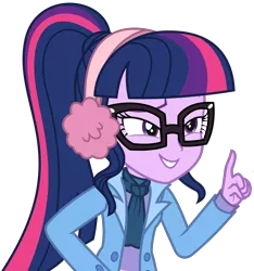 Size: 2938x3138 | Tagged: safe, artist:sketchmcreations, derpibooru import, sci-twi, twilight sparkle, equestria girls, equestria girls series, holidays unwrapped, spoiler:eqg series (season 2), clothes, coat, earmuffs, female, raised eyebrow, raised finger, scarf, simple background, smiling, smirk, solo, transparent background, vector, winter break-in, winter outfit