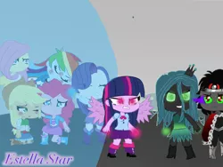 Size: 1024x768 | Tagged: safe, artist:estellastaryt, derpibooru import, applejack, fluttershy, king sombra, pinkie pie, queen chrysalis, rainbow dash, rarity, sci-twi, twilight sparkle, equestria girls, chibi, clothes, equestria girls-ified, evil grin, eyes closed, female, glowing eyes, glowing hands, grin, hat, humane five, humane six, magic barrier, male, shoes, smiling, sombra eyes, wings