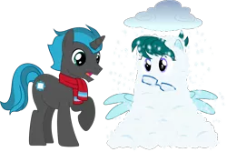 Size: 2588x1732 | Tagged: safe, artist:yoshimon1, derpibooru import, oc, oc:cloudy bits, oc:shimmer scroll, unofficial characters only, pegasus, pony, unicorn, derpibooru community collaboration, 2021 community collab, buried, buried in snow, clothes, cloud, covered in snow, description is relevant, duo, female, glasses, male, mare, open mouth, scarf, simple background, snow, snow pile, snowfall, spread wings, stallion, story included, surprised, transparent background, wings